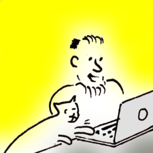 This is the book cover for Unokay Comics. It shows a cartoon image of young man with a beard. He's seated at a desk working on a laptop computer. Next to him, a cat is reaching up to tap the keyboard of the computer. The background is bright yellow.